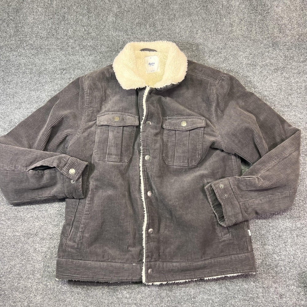 Katin Jacket Mens Medium Gray Corduroy Sherpa Lined Snap Bomber Workwear
